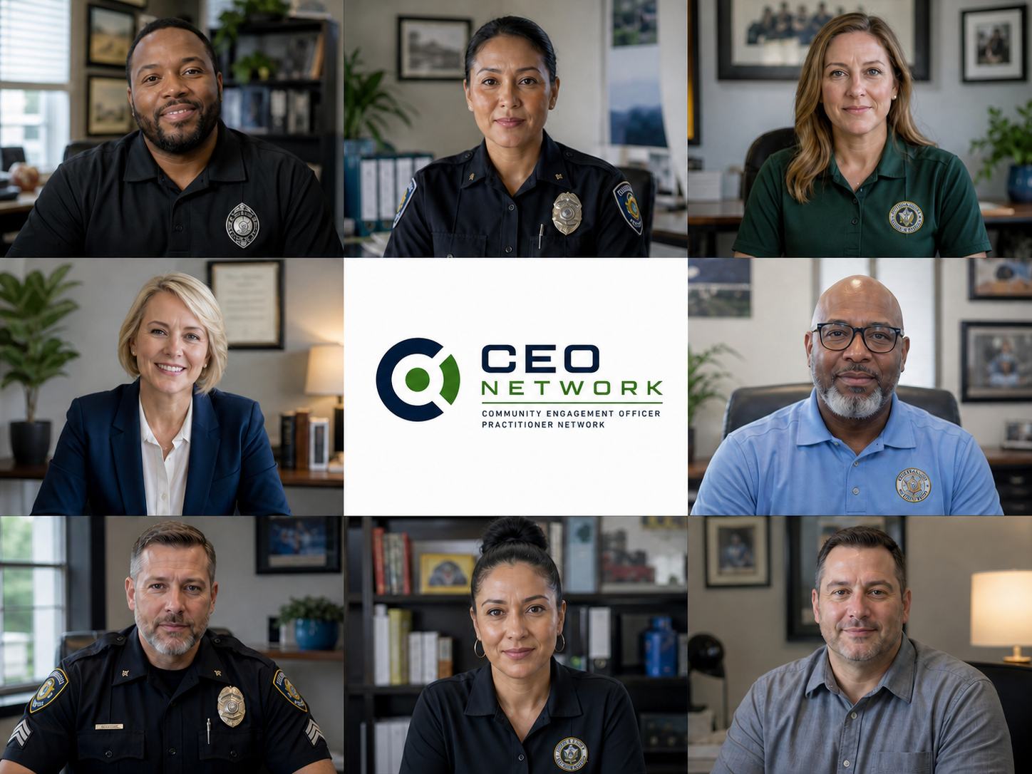 Law enforcement Community Engagement professionals connecting in a national video session with the CEO Practitioner Network logo.